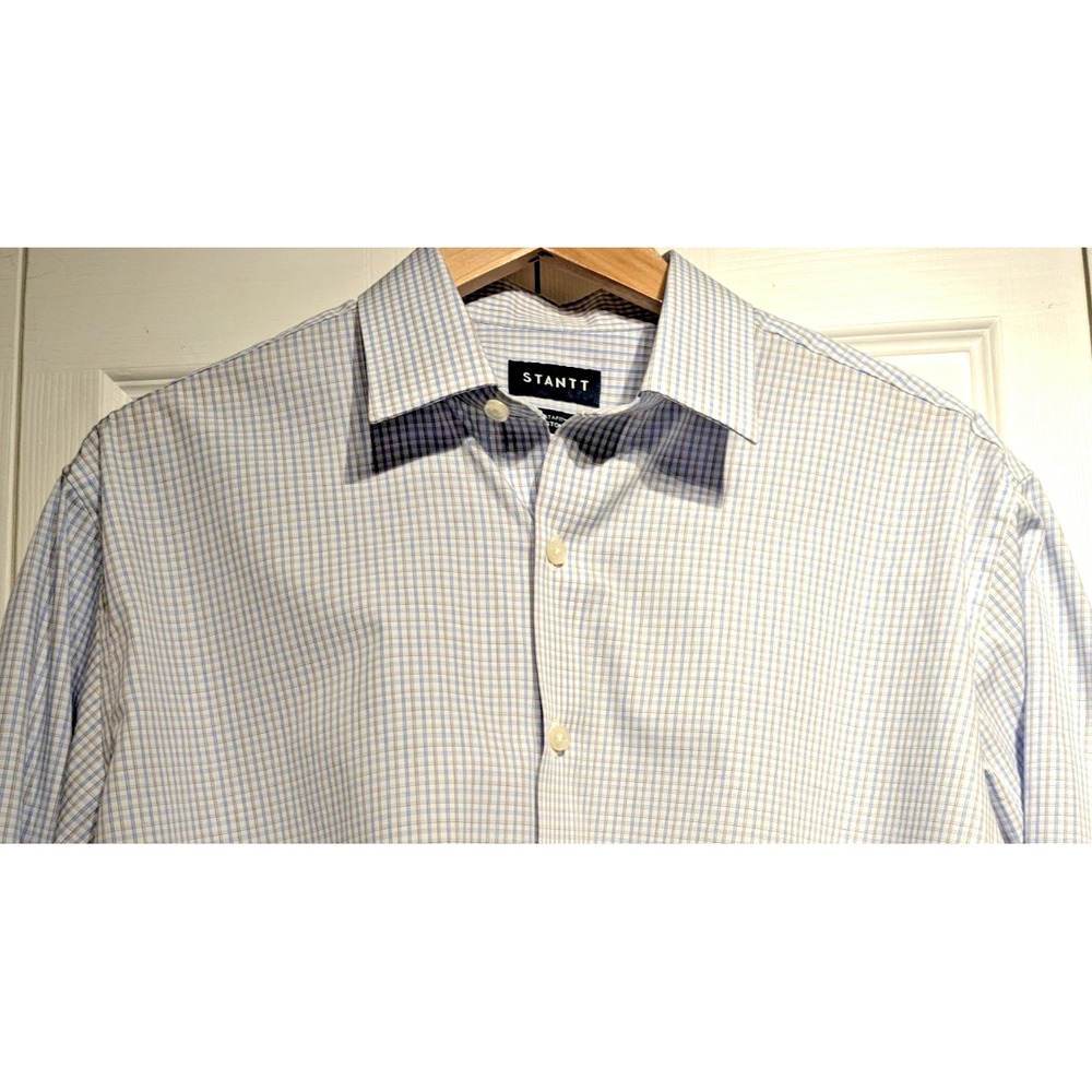 Stantt Mens XL Bordered Tattersall Check Plaid Shirt Wrinkle Free Custom Datafit